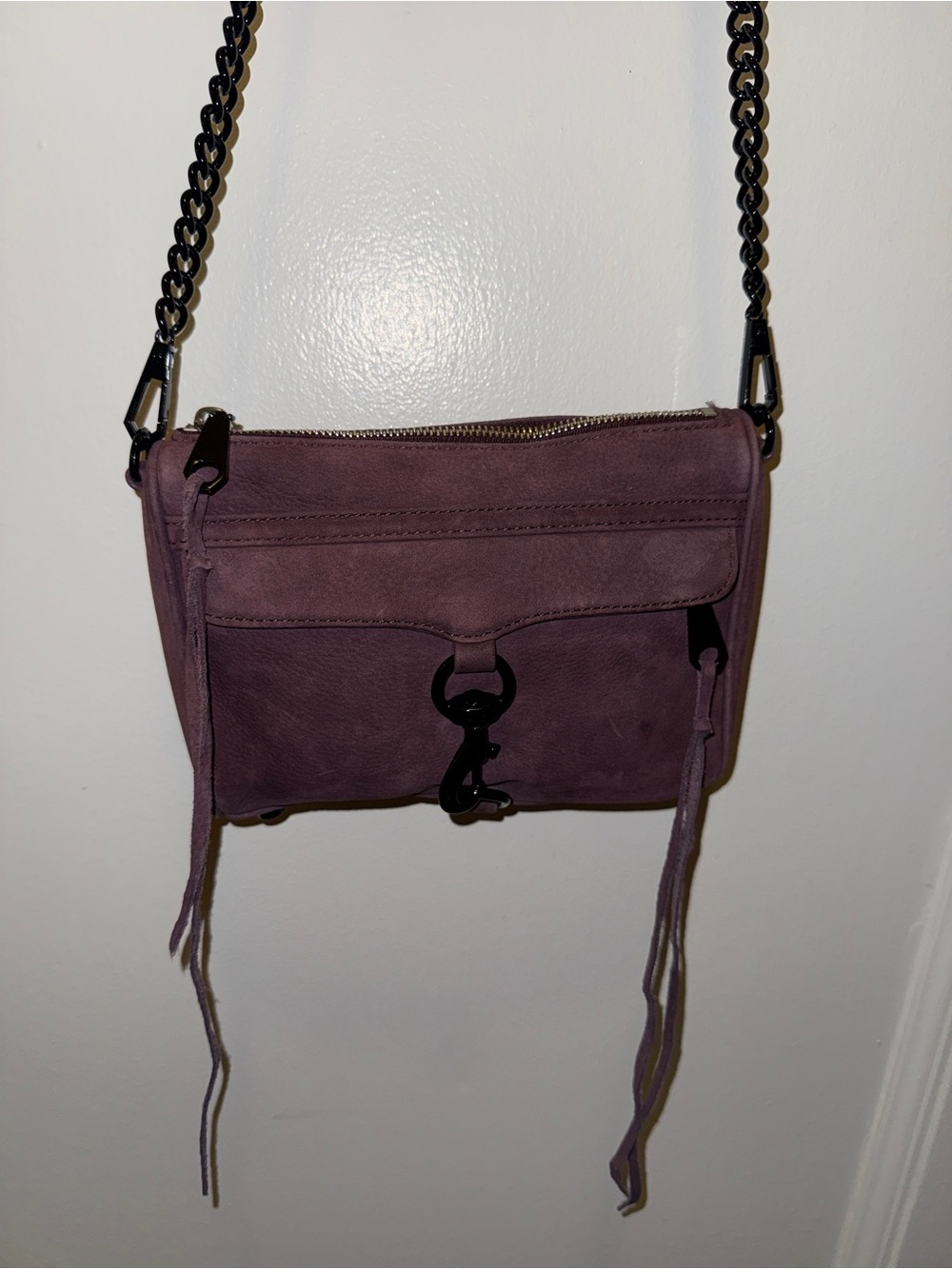 Rebecca Minkoff Suede Crossbody Bag in Plum with Gunmetal Chain